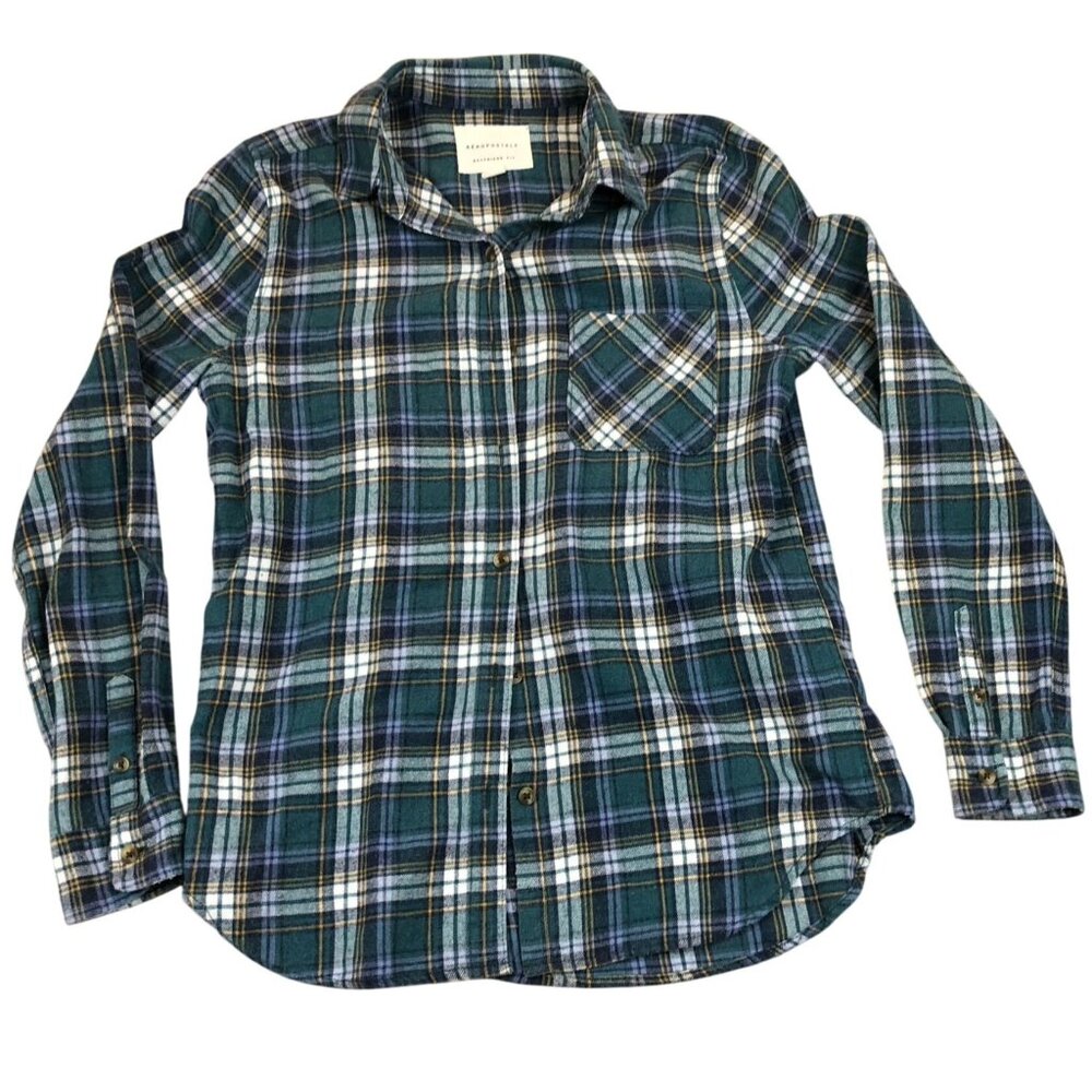 Aeropostale Womens Shirt Small Boyfriend Fit Green Blue Plaid Flannel Button Up